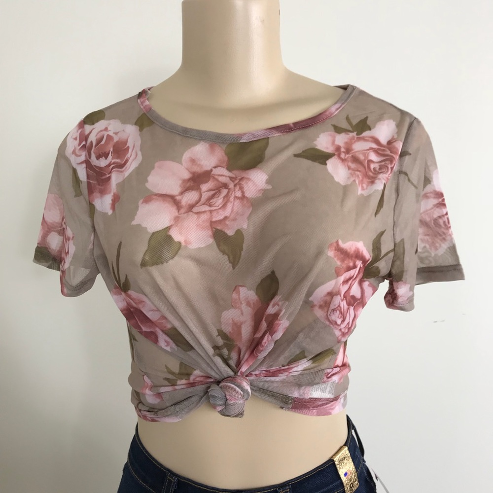 Mesh Print Tie Front Top